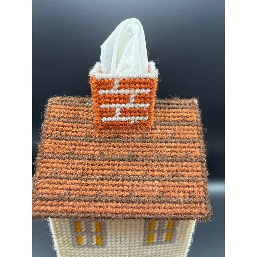 Vintage Yarn Plastic Canvas Tissue Box Cover Cottage House Retro with Tissue Box